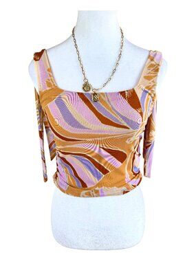 Free People Top Mesh Ruched Mod Tank Tie Straps Brown Multi (M)